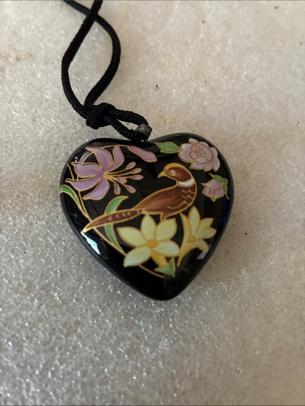 Black Heart Pendant Necklace with Gold Bird & Floral Motif
